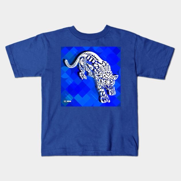 wild tiger in mandala ecopop jungle art in blue Kids T-Shirt by jorge_lebeau